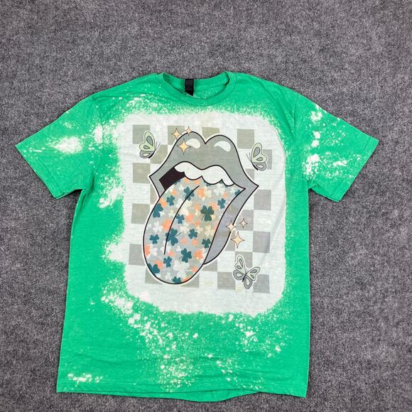 Gildan T-Shirt Mens Size L Green Graphic Shamrock Tongue Bleach Dyed St Patrick - Picture 2 of 9
